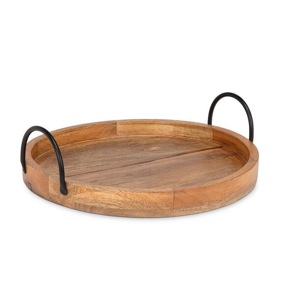Abbott Collection - Round 14" Mango Wood Rustic Tray with Metal Handles - Picture 2 of 6